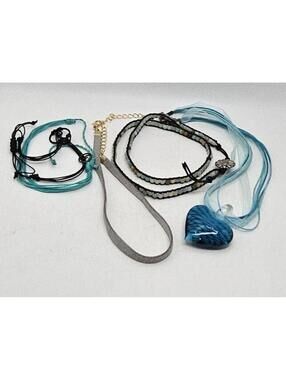 Set of 5 Bohemian Style Necklaces Blue Heart Glass Pendant and Stone Beaded
